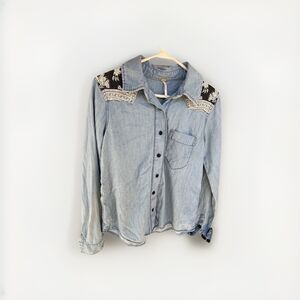 Denim Patchwork Free Women's Small Distressed Long Sleeve Button Up